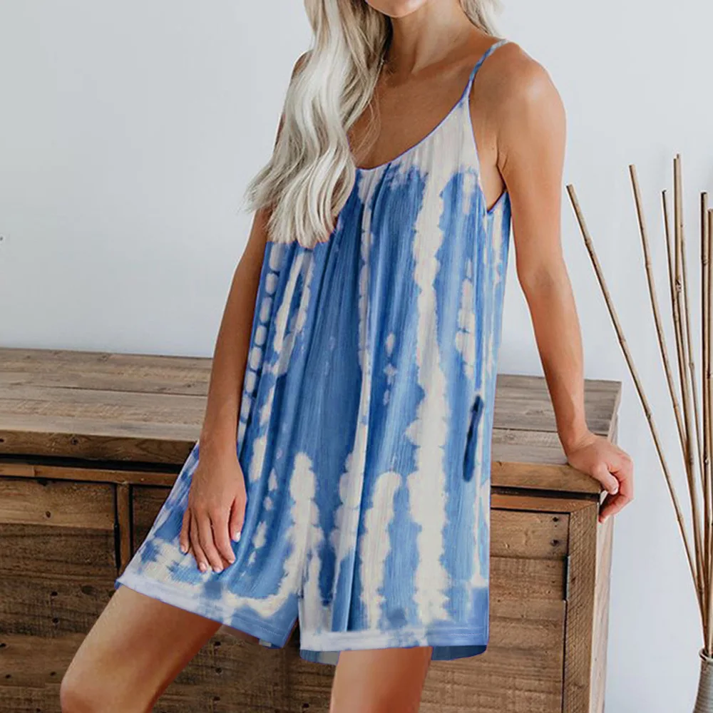2023 Summer Women's Rompers Slip Tie-dye V-neck Sleeveless Loose Short Rompers Female Casual Elegant Fashion Beach Clothes Lady