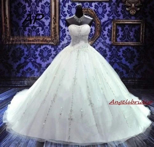

ANGELSBRIDEP Shiny Ball Gown Wedding Dresses Sweetheart Vestido De Noiva Tiered Tulle Full-Length Formal Bridal Gown Plus Size