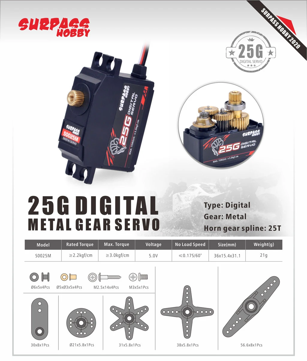 SURPASS HOBBY 25G Metal Gear Servo 3KG Torque Digital Motor for Airplane Robot 1/12 RC Monster Car 12428 Boat Model Accesorries