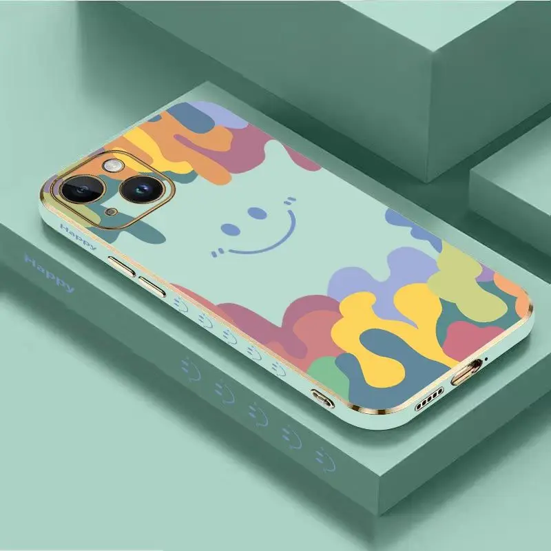 Watercolor Smiley Face Luxury Plating Phone Case For iPhone 14 13 12 11 Plus Pro Max Mini X XR XS SE2020 8 7 6 6S Plus Cover