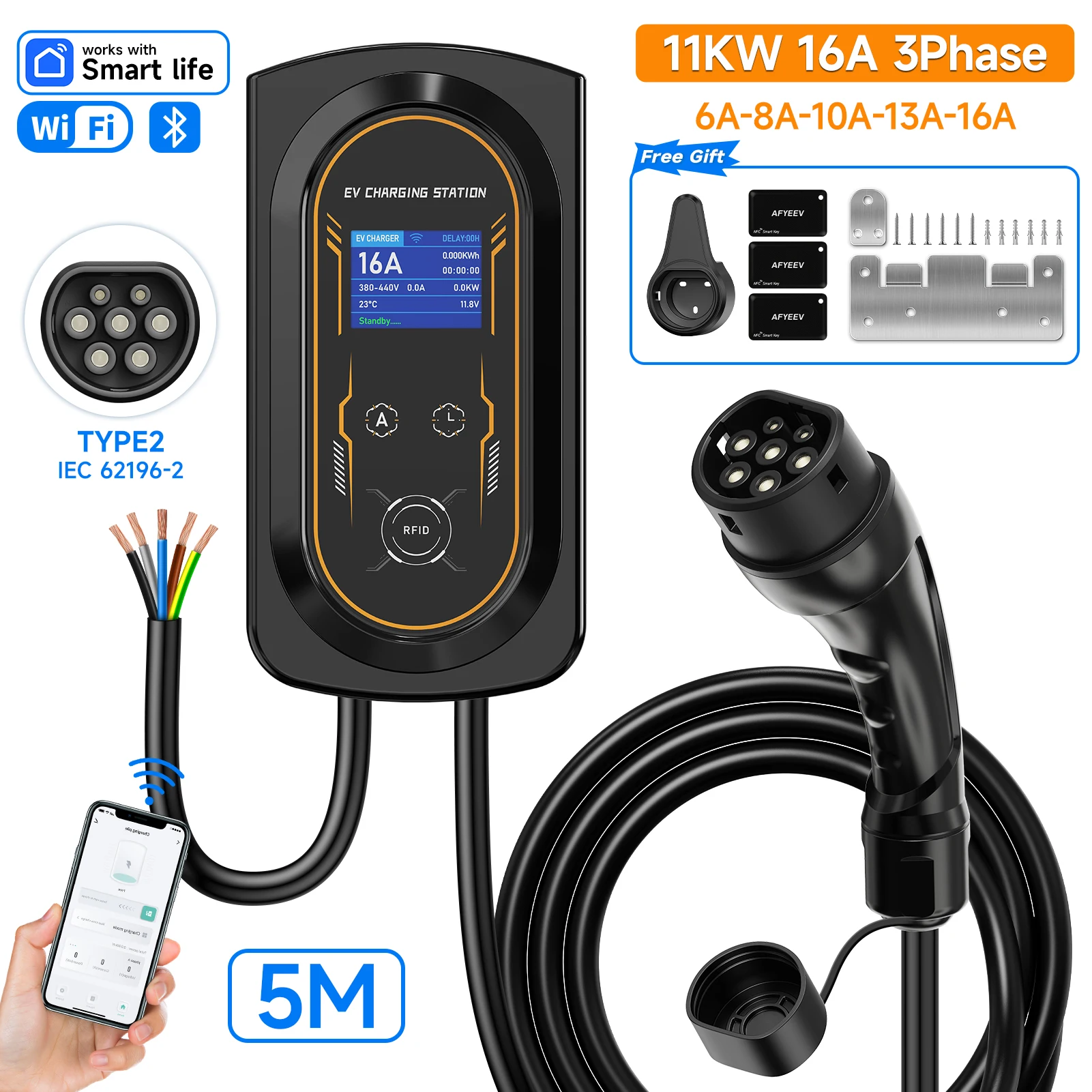 

AFYEEV 11 кВт/22 кВт Новый Type2 IEC62196-2 16A/32A Зарядная станция для электромобилей 7,6 кВт Зарядное устройство для электромобиля с настенным устройством Приложение Дистанционное управление Разъем CEE