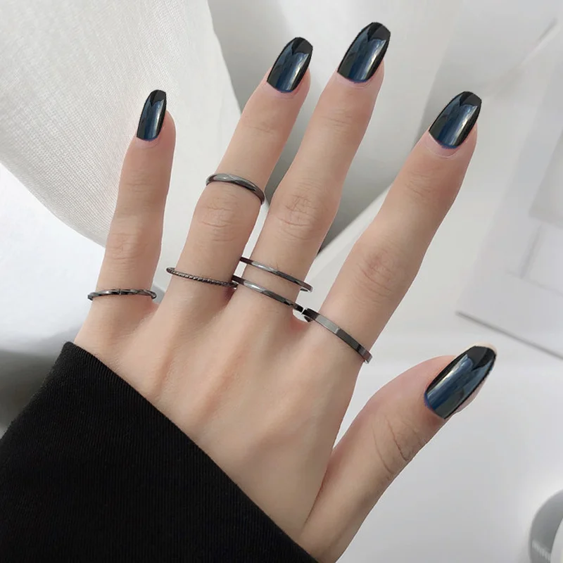 

Punk Black Ring Set For Women Simplicity Sliver Hip Hop Women Vintage Chunky Knuckle Irregular Finger Jewelry Party Gift