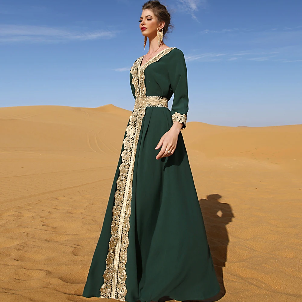 Muslim Woman Dress Moroccan Caftan Marocain Dark Green Embroidered Lace Elegant Vintage Vacation Gorgeous Middle Eastern Dress