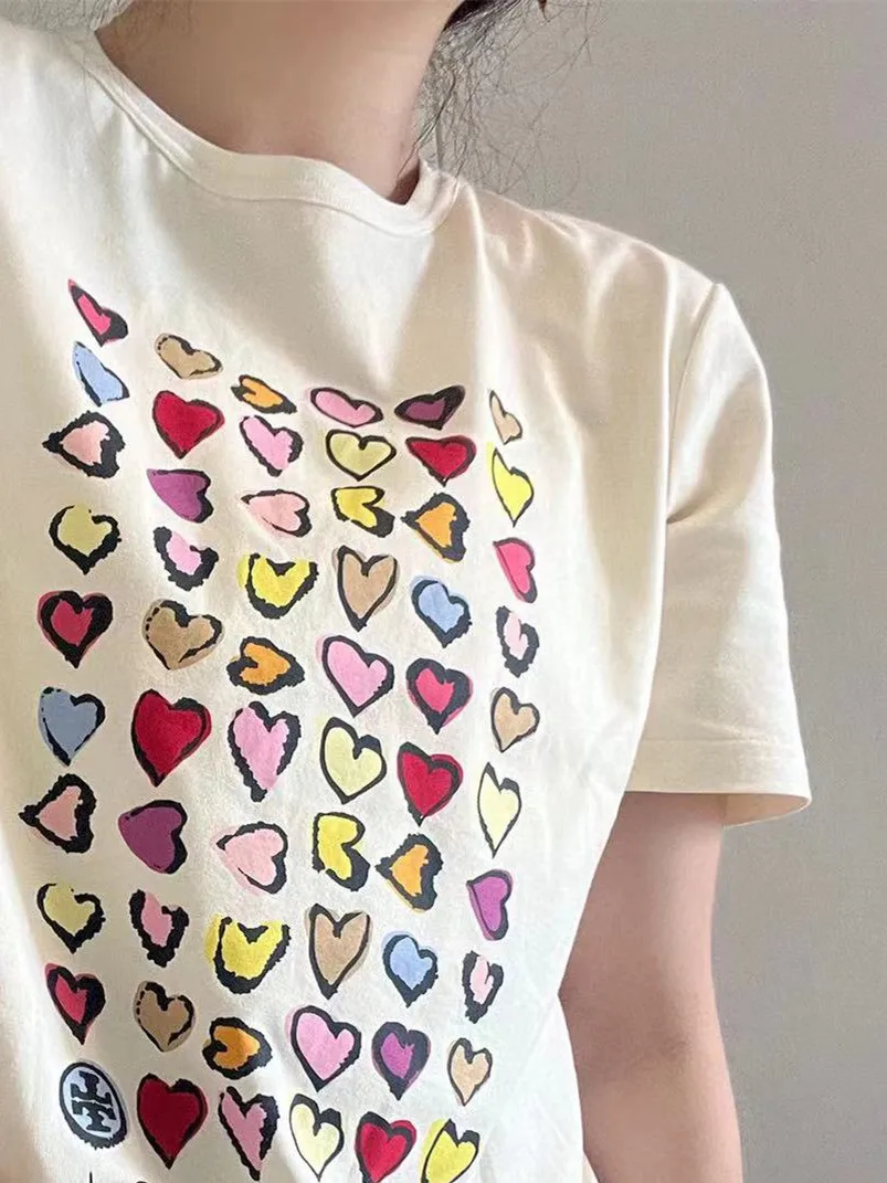 

Colorful Heart-Shaped Printed Letter Women's T-Shirt 2023 Early Autumn New Sweet Ladies Slim Short Sleeve Tee Tops