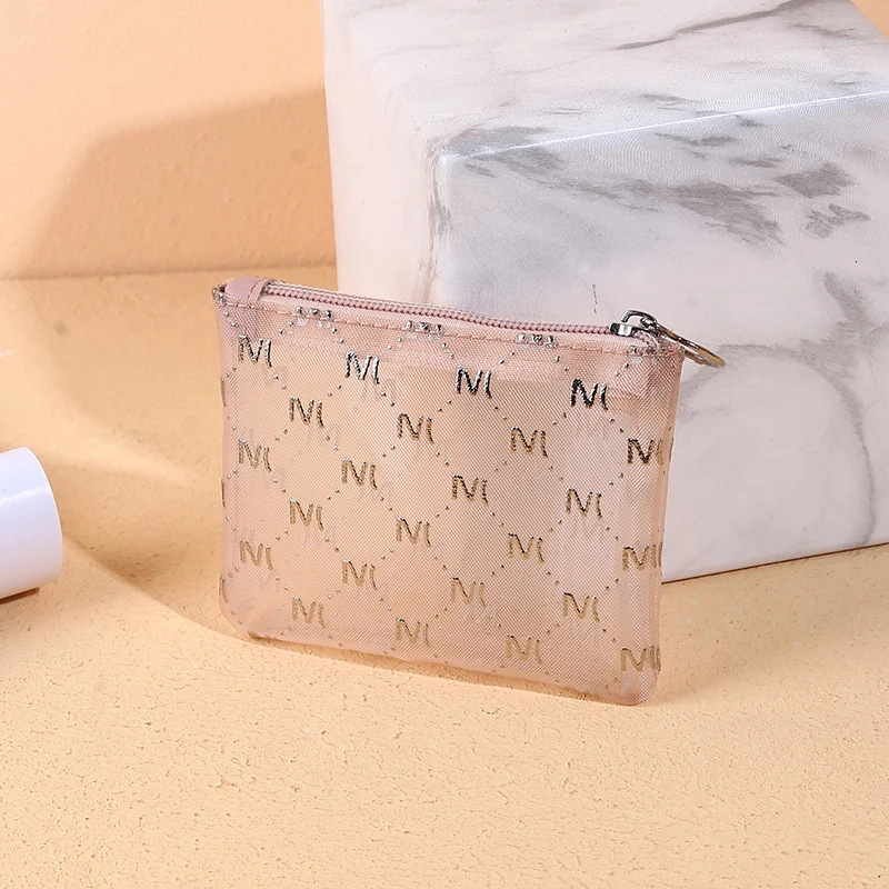 

White Mesh Makeup Bag Translucent Mesh Coin Purse Zipper Simplicity Card Bag Storage Bag M Letters Print Mini Wallet Cash Pouch