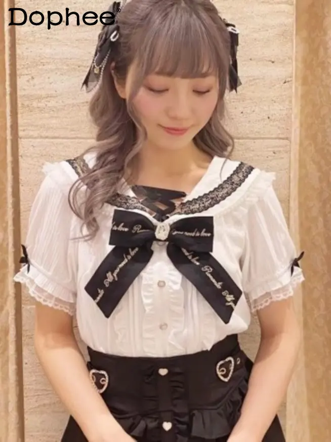

Rojita Shirt Classic Pearl Embroidery Sweet Lace Bow Lolita Puff Short Sleeve Blouse Women 2003 Summer Stretch Slim Blusas Top