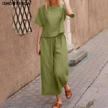 Casual Short Sleeve O Neck T-shirt Suit Solid Color Cotton Linen Long Pants Women Set Summer Autumn Fashion Loose Female Outfits 1
