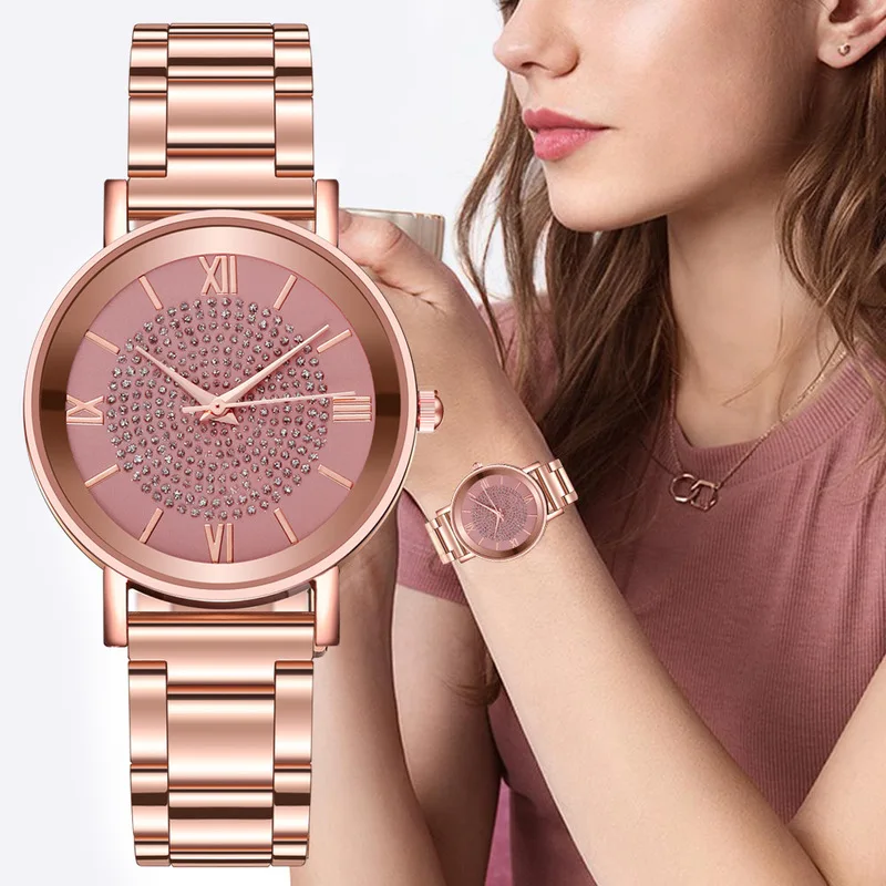 Часы наручные женские из розового золота роскошные с бриллиантами магнитный