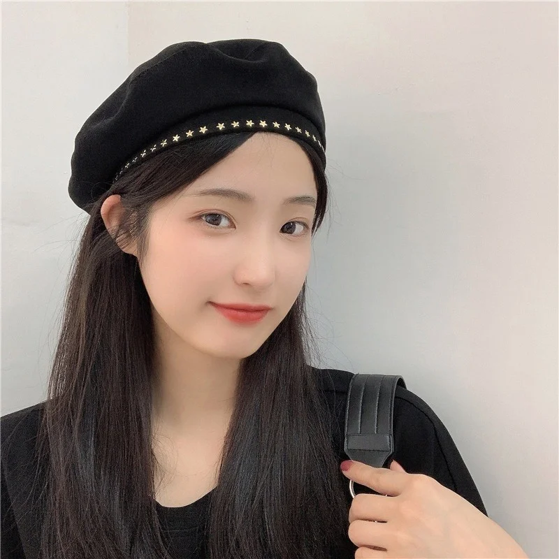 

British Retro Black Beret Hat Female Autumn and Winter Korean Fashion Star Painter Hat Berets Caps for Women