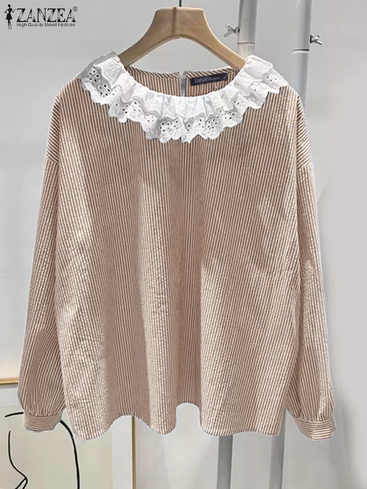ZANZEA осенние винтажные кружевные рубашки с длинными рукавами женская лоскутная
