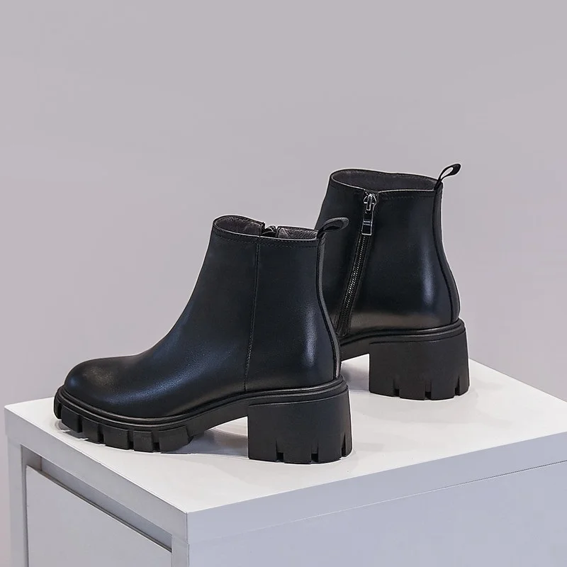 

Leather Full Grain Women Med Heel 6 CM Female Shoes Solid Zipper Ankle Boots Simple Style Footwear