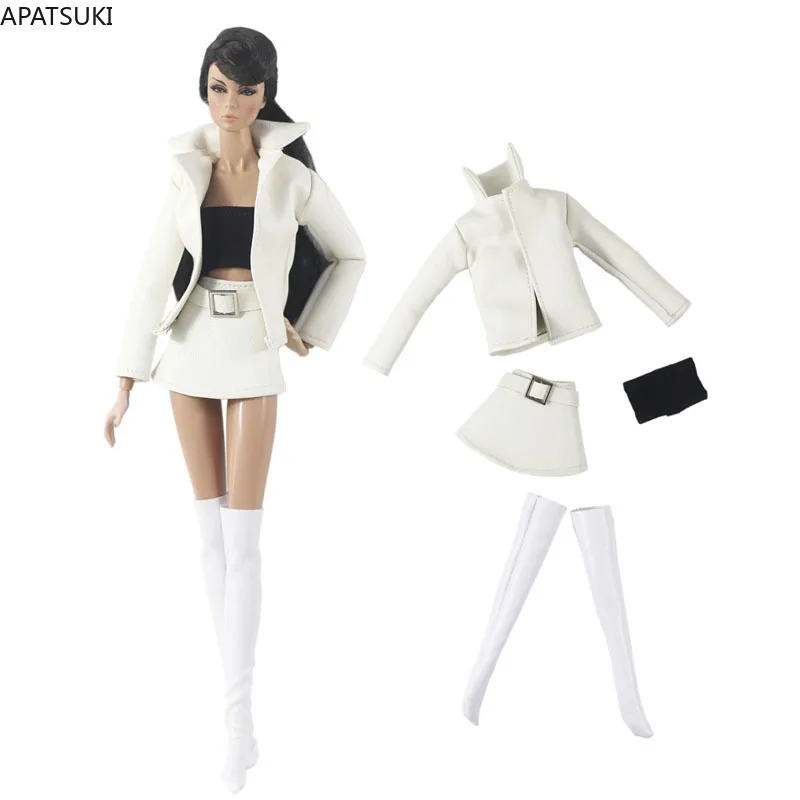 

White Leather Clothes Set For Barbie Doll Outfits Fashion Coat Jacket Trenchcoat Top Skirt Socks For Barbie 1/6 Doll Accessories