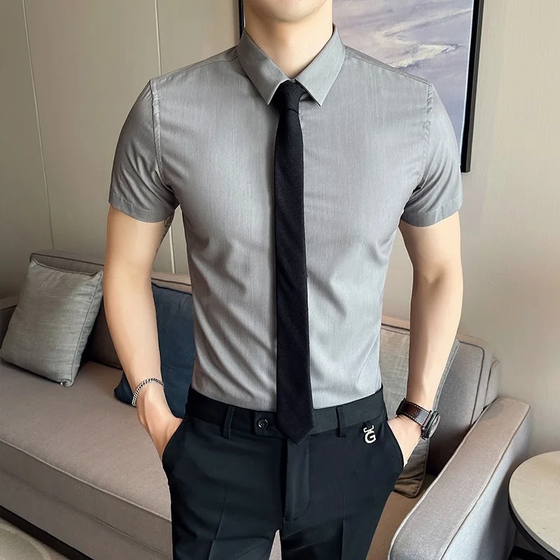 

Рубашка мужская с коротким рукавом, деловая модная однотонная повседневная одежда на пуговицах, брендовая модная одежда, лето