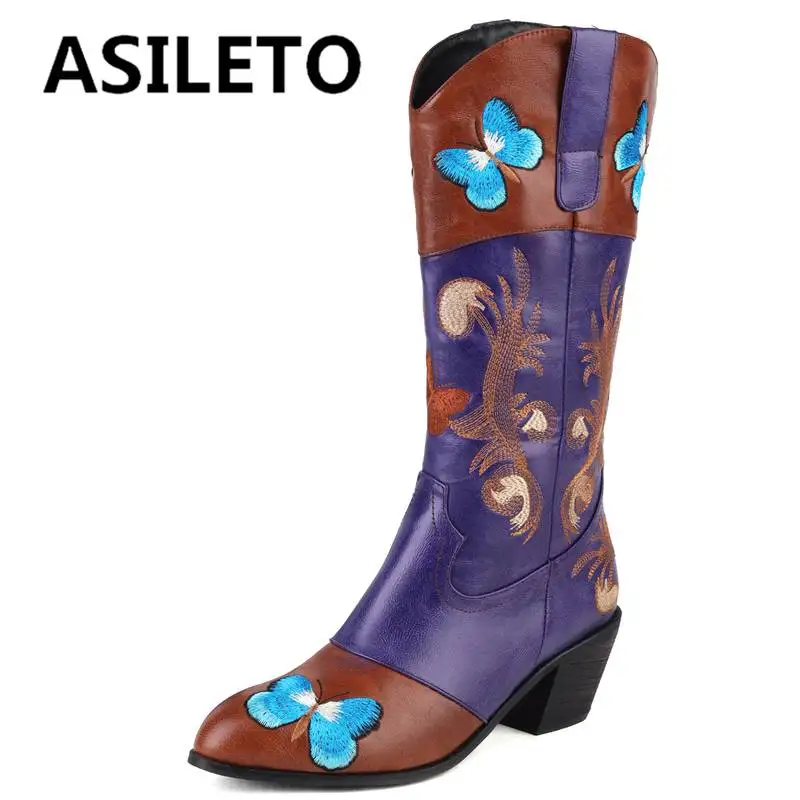 

Женские сапоги ASILETO в западном стиле, 32 см, заостренный носок, квадратный каблук, 5,2 см, Sli-on, вышивка бабочки, размера плюс 35-48, смешанные цвета