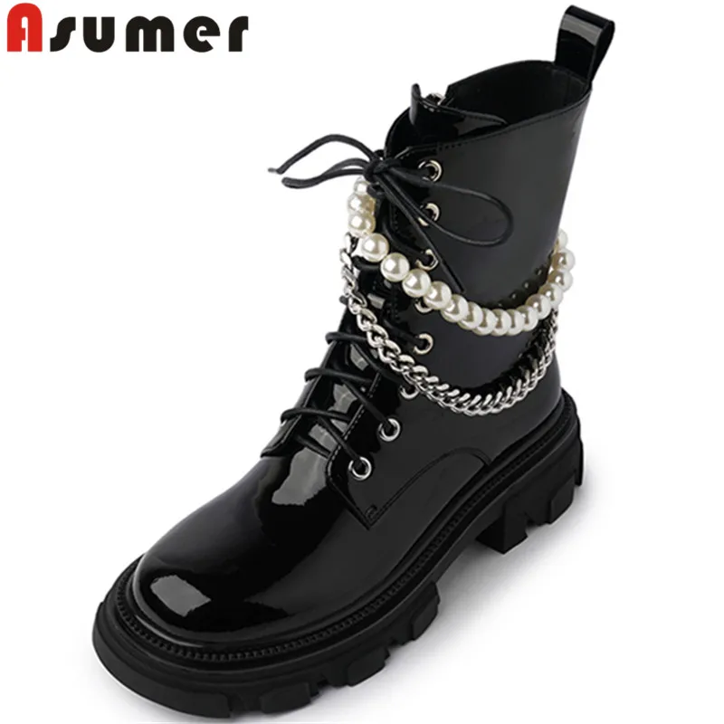 

ASUMER 2022 New String Bead Square Med Heels Ankle Boots Zipper Ladies Spring Platform Shoes Patent Leather Women Boots