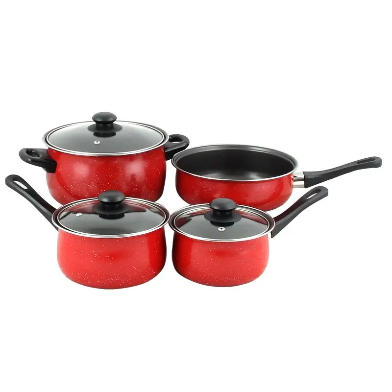 

7 Pieces Cookware Set In Red with Bakelite Snow Handle Aluminium pan Air fryer liner Silicone kitchen accessories Wooden box Air