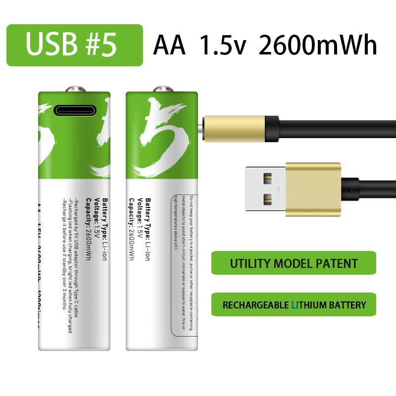 

100% real capacity USB AA Rechargeable Battery 1.5V 2600 mWh Li-ion Battery for Remote Control Mouse Electric Toy