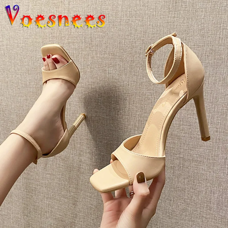 

Summer New Ankle Buckle Strap High Heels Shoes 8CM 10CM Thin Heels Square Head Open Toe Fashion One Word Belt Women's Sandals