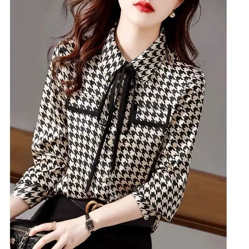 Новинка 2024 весенне-осенняя клетчатая шифоновая рубашка с тысячи птиц женская