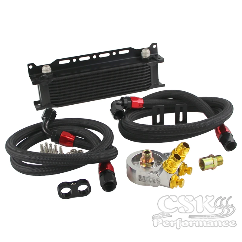 10 Row Engine Oil Cooler w/ Thermostat 80 Deg Filter Adapter Kit Silver / Black |
