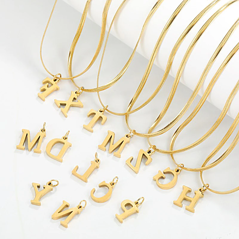 

Tarnish Free Personalised Initial Necklace PVD 18K Gold Plated Stainless Steel Flat Snake Chain Choker Necklace
