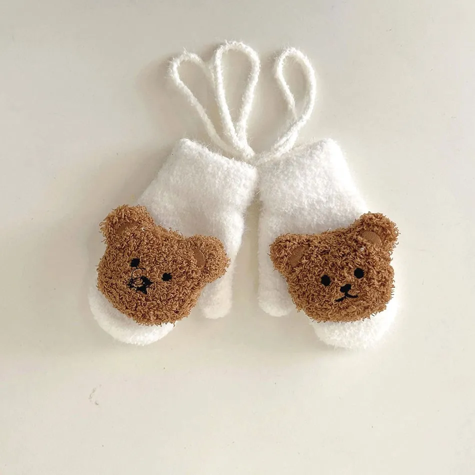 

1-4Years Winter Kid Toddler Thick Full Teething Baby Mitten Cute Cartoon Bear Mittens For Baby Boy Girl Warm Coral Fleece Gloves