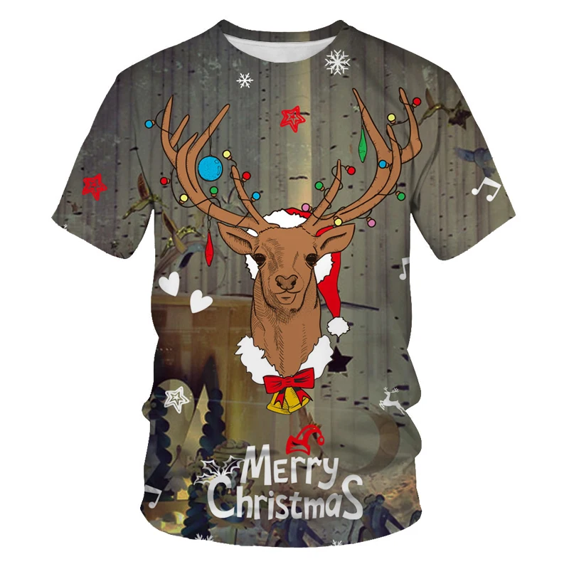 

Christmas Carnival Pattern Funny Men's T-Shirt Casual 3D Printing Hip Hop New Year Personality Round Neck Short Sleeve Shirt