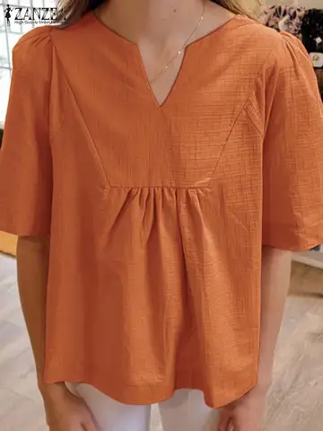 Лето 2024, женские хлопковые топы ZANZEA, Милая женская блузка, свободная Корейская Повседневная Туника с коротким рукавом, шикарная мешковатая блузка-трапеция с воротником