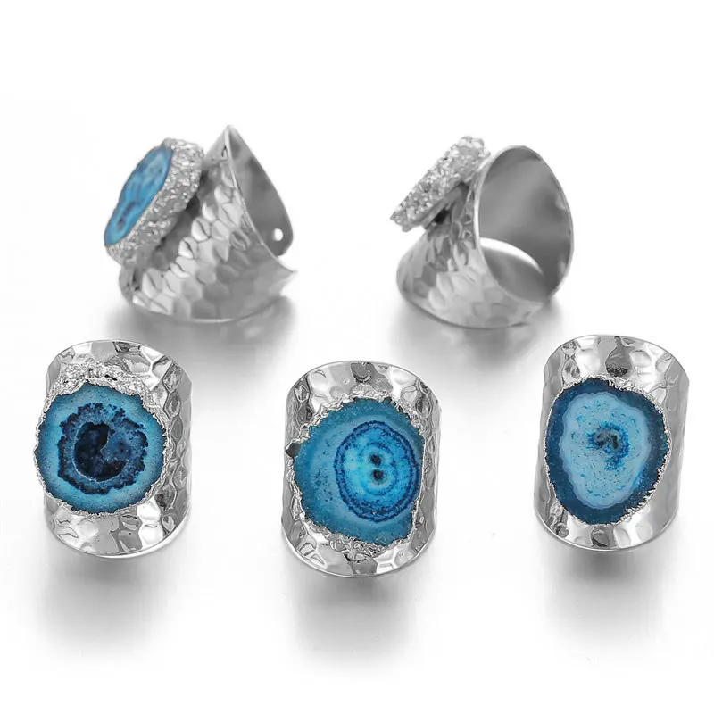 

YEEVAA Blue Natural Gemstone Quartz Geode Druzy Agate Ring Healing Irregular Crystal Adjustable Handmade Jewelry Gift-1PC