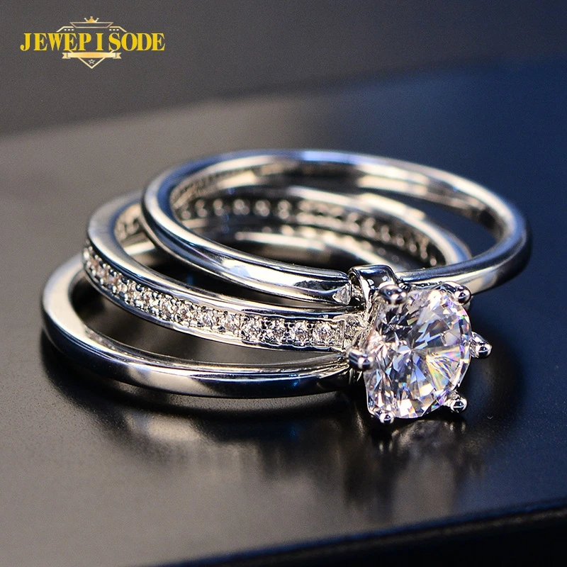 

Jewepisode Luxury 925 Sterling Silver 2ct Round Cut Diamond Zircon Bridal Wedding Engagement Ring Set for Women Drop Shipping