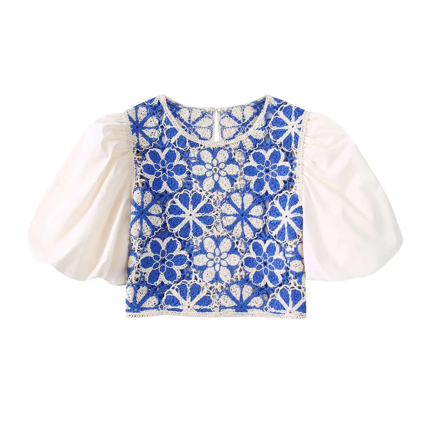 

Clothland Women Stylish Patchwork Blouse Hollow Out Puff Sleeve Short Style Crop Top Elegant Summer Chic Shirt Short Tops DA264