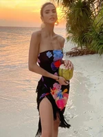 women print tassel maxi dress lady casual chest strapless beach floral summer 2022 new party sexy vestidos hip wrap chic elegant
