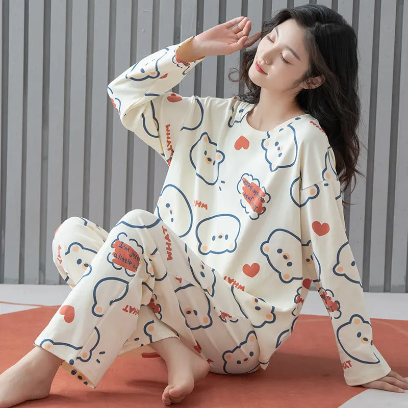 Yasuk Spring Autumn Fashion Women's Casual Lovely Print Cotton Pocket Sleepwear Homewear Cute Pajamas With Pants Bear Pullover
