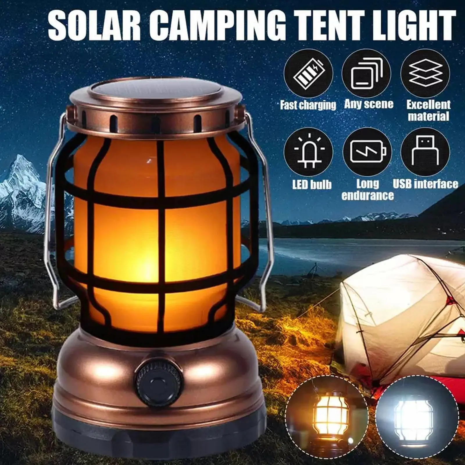 

Retro Solar Camping Lamp LED Night Light Rechargeable Lamp Tent Outdoor Portable Light Camping Emergency Lantern A8K7