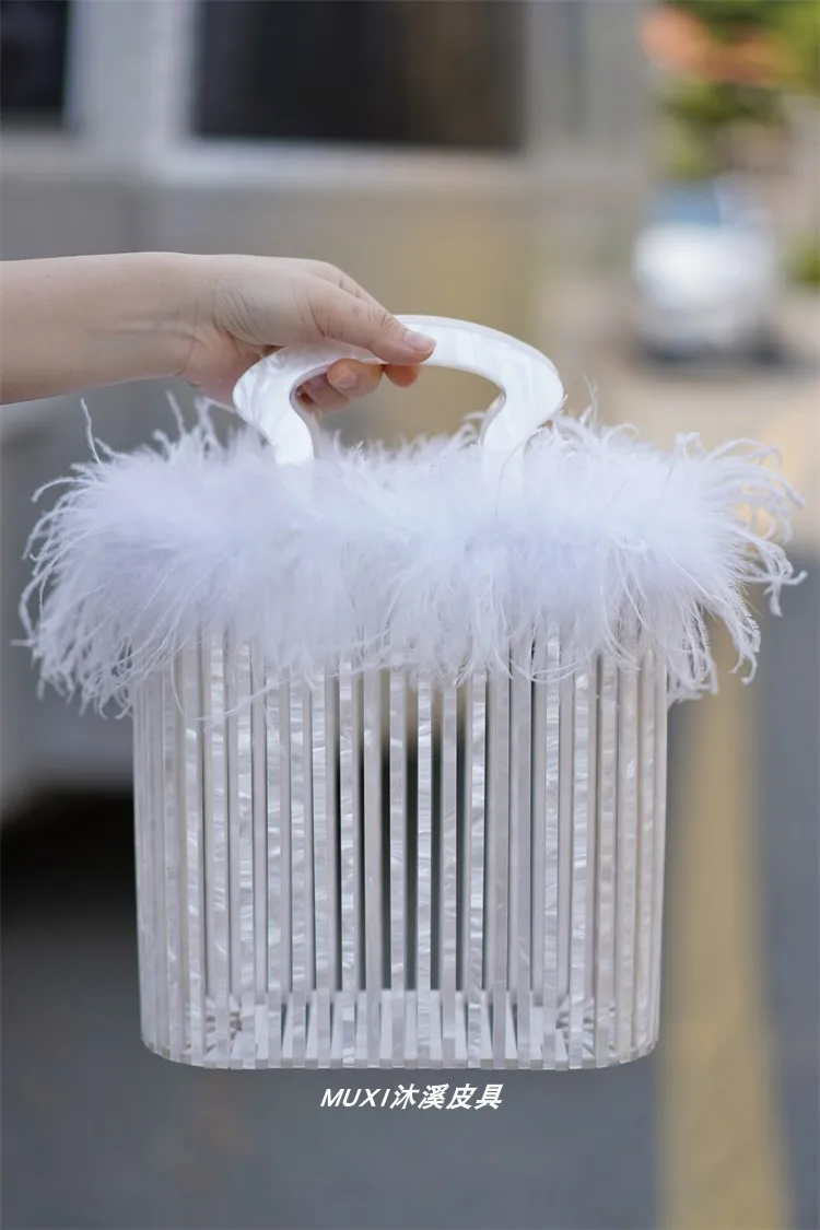 Luxury Designer Crystal Acrylic Ostrich Feather Cage Evening Bag Dinner Party Clutch Purse Women's Square Handbag Shoulder Bag
