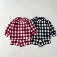2022 autumn new children knitted plaid sweater set girl infant lantern sleeve topsshorts 2pcs suit boy toddler cotton tees sets