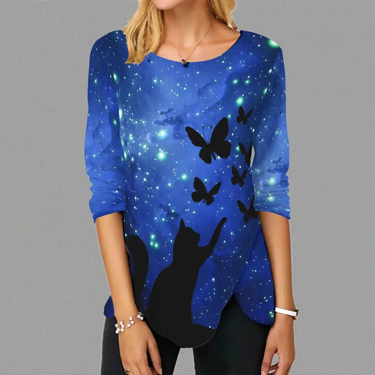 

SNAKE YX XXS-10XL Plus Size Women's Fall New Cat Print Round Neck Casual Loose Long Sleeves Top XXS-10XL