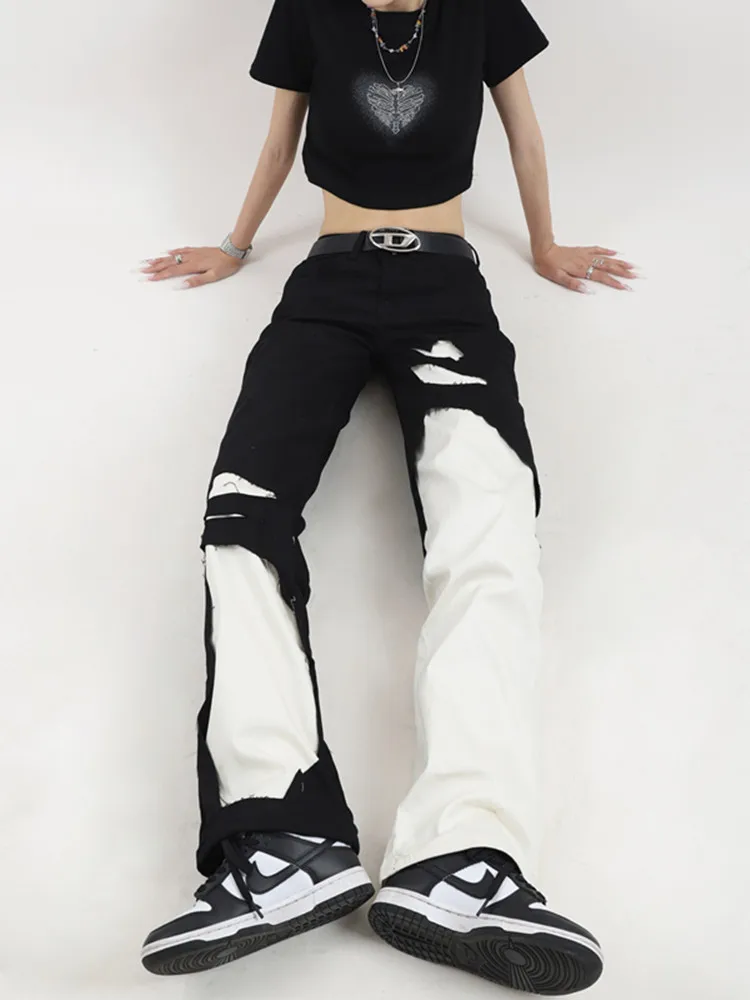 BULOCHOVA American Street Retro Contrast Color Loose Straight Jeans For Women High Waist Cowboy Cargo Wide Leg Pants 2023 New