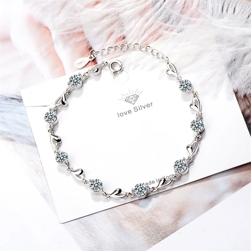 Купи 925 Silver Zircon Love Heart Shaped Bracelets Crystals Chain For Women Valentines Gift Wedding Party Charms Jewelry за 206 рублей в магазине AliExpress