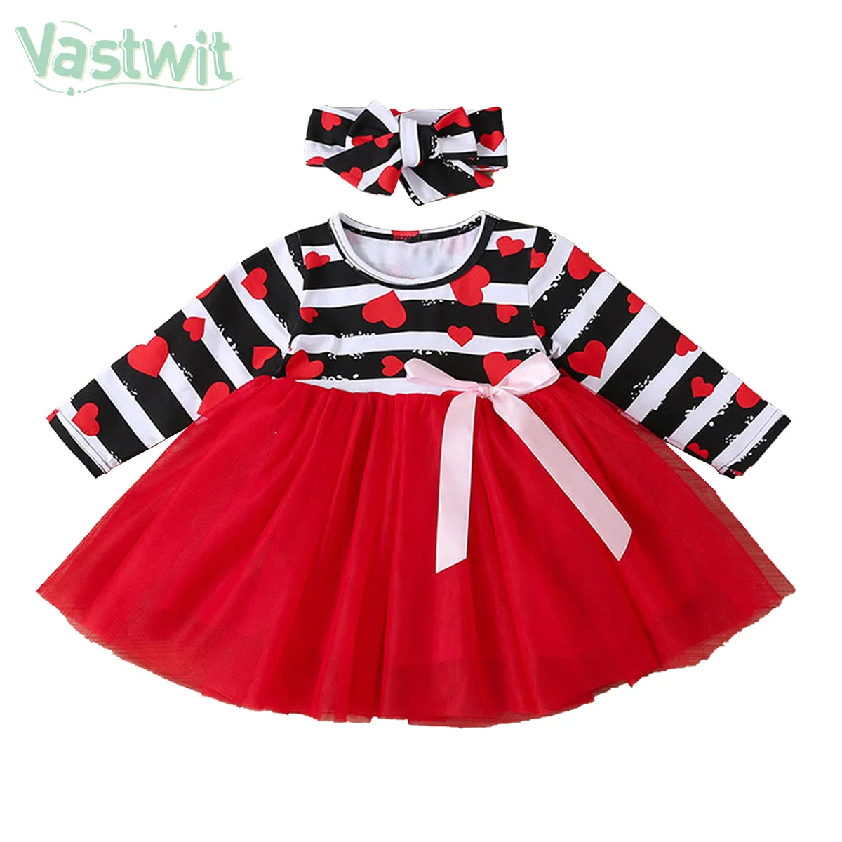 

Spring Baby Kids Girls Round Round Long Sleeves Stripes Hearts Print Princess Mesh Dress Baby Valentine's Day Party Dresses