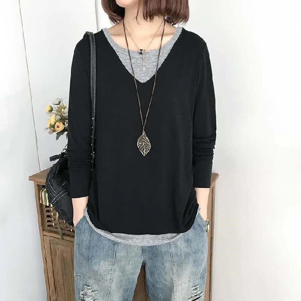 

T-Shirt Fake Two Piece Splicing Long-sleeved T-shirt Women New Korean Version Loose And Thin All-match Outer Wear Bottoming Top