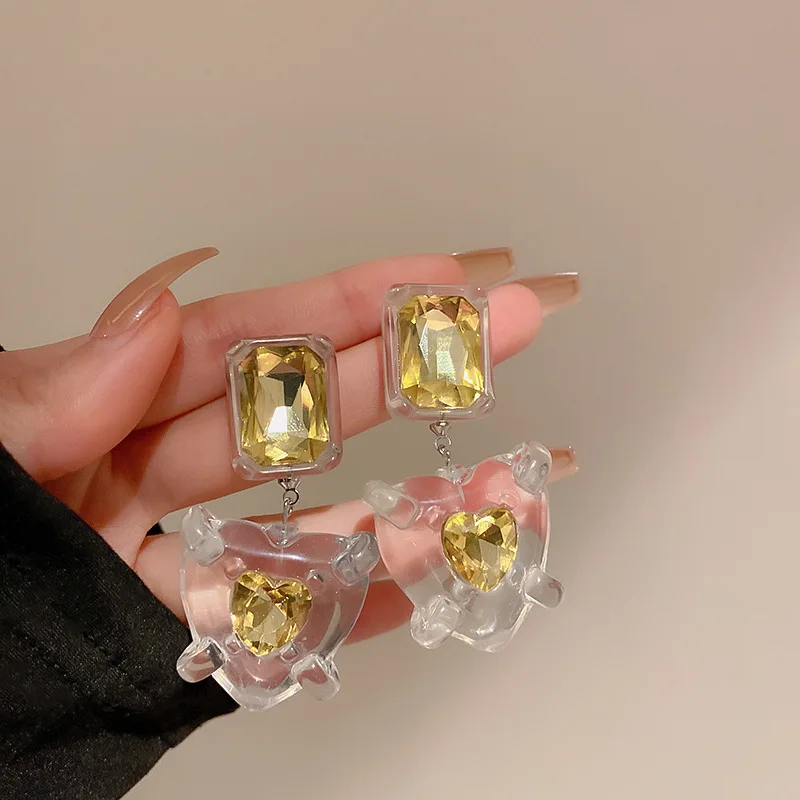 

LOVOACC Korean Style Clear Resin Arcylic Square Love Heart Hanging Earring for Women Bling Rhinestones Large Dangle Earrings