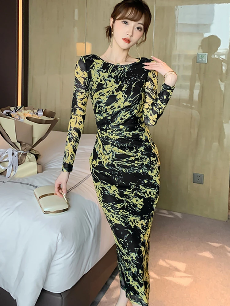 

Fall Dresses for Women 2022 Casual Basic Print Stretch Mesh Dress O-neck Long Sleeve Folds Bodycon Robe Chic Inner Party Vestido