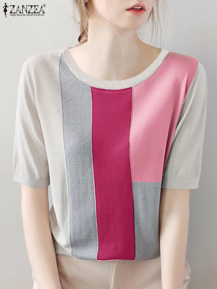 ZANZEA повседневные уличные модные футболки в стиле пэчворк с коротким рукавом