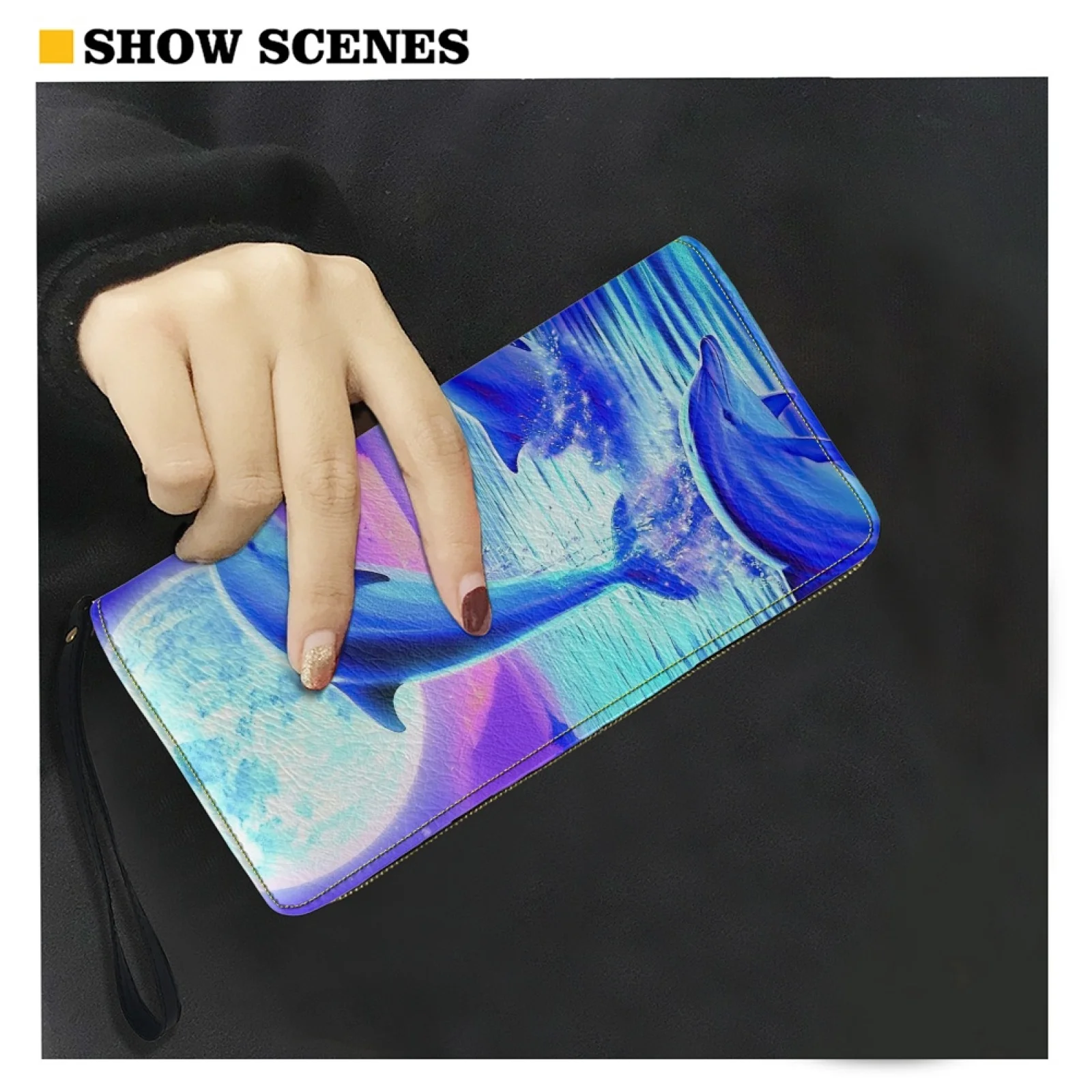 Belidome Womens Wristlet Wallet Dolphins Under Moonlight RFID Blocking Leather Multi Credit Card Zip Around Clutch Travel Purse