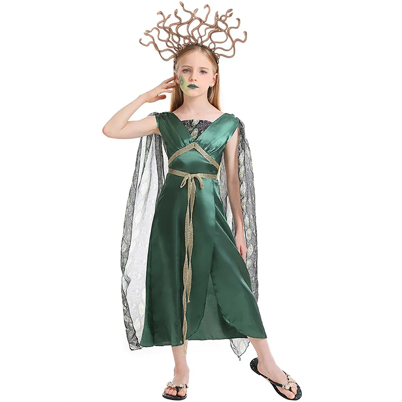 

Girl Purim Greek Myth Medusa Costume Green Dress Book Week Outfit Cosplay Fancy Party Dress Carnival Halloween