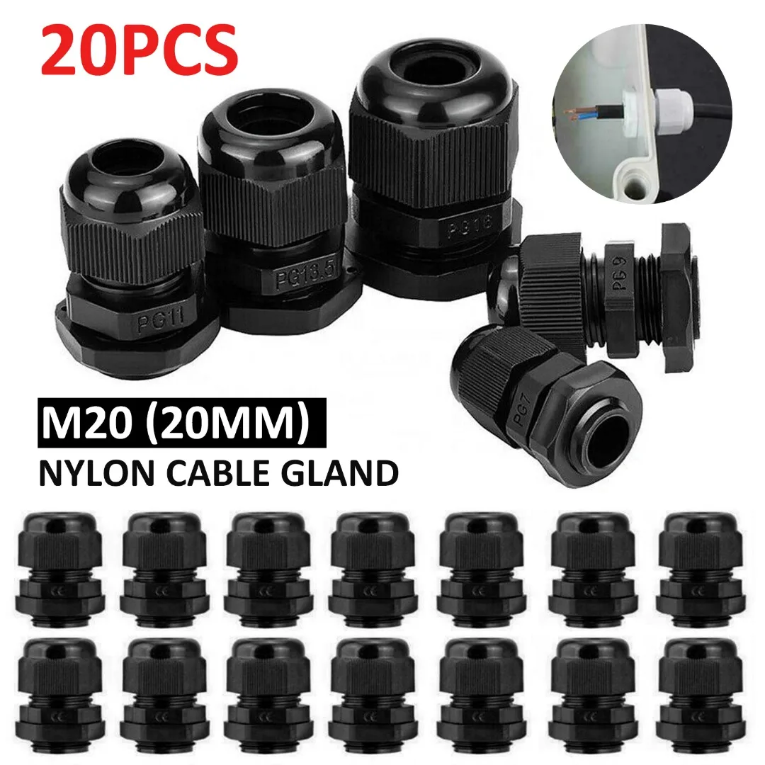 20pcs M20 Nylon Plastic Cable Gland 6mm-12mm PG9 PG11 PG13.5 PG16 Cable Glands Connector Waterproof Compression Locknut Washer