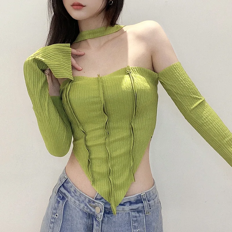

Sexy Hollow Out T-Shirts Women Punk Halter Long Sleeve Top Autumn Streetwear Slash Neck Tees Gothic Plaid Print Crop Top Female