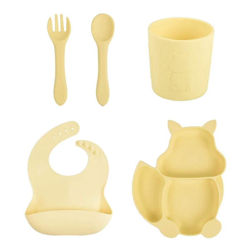 

5 Pcs Baby Silicone Bib Divided Dinner Plate Spoon Fork Cup Set Training Feeding Utensil Dishes Tableware Kit for Newborn