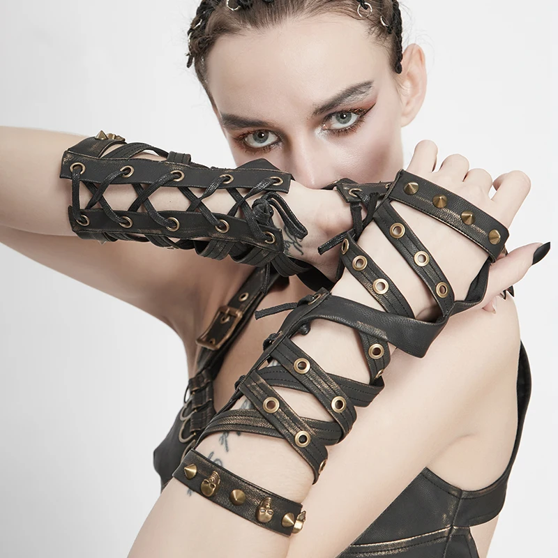 

Steampunk Fighting Gloves Hollow Band Leather Rivet Skull Personality Fashion Unisex Gloves
